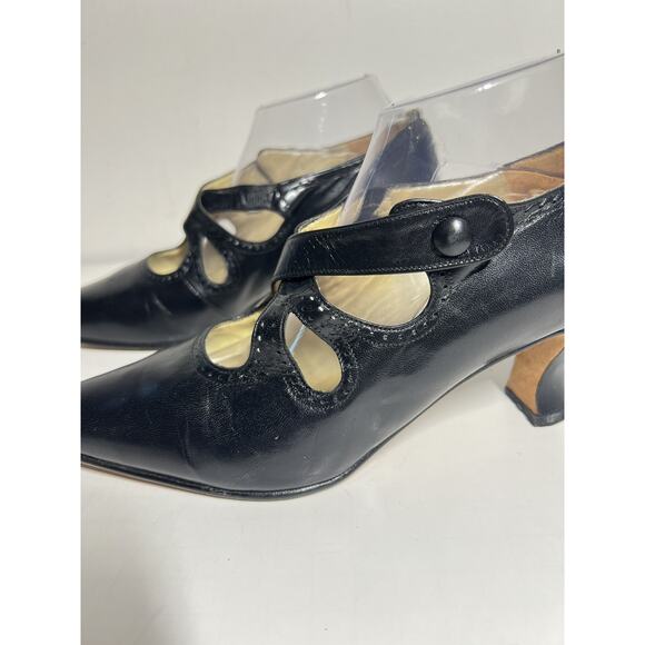 VTG Kenneth Cole 80s 90s Black Victorian Strappy Granny Edwardian Pump Heel 10 - Picture 2 of 8